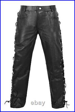 DEFY Men's Motorbike Cow Leather Jeans Style Side Laces Nightclub Pant 28 46
