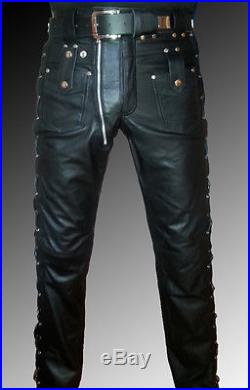 DESIGNER leather pants black mens leather trousers lacing new LEATHER LINING