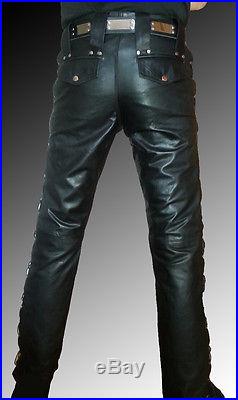 DESIGNER leather pants black mens leather trousers lacing new LEATHER LINING
