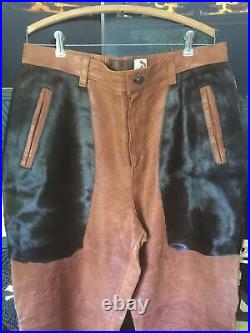 Davoucci Warm Brown Textured Leather Pants With Cowhide Panels, Western Sz 36