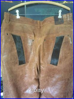Davoucci Warm Brown Textured Leather Pants With Cowhide Panels, Western Sz 36