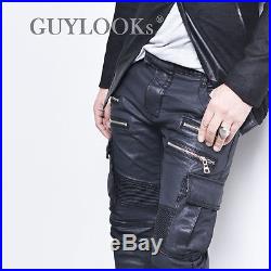 Designer Hom Mens Wax Coat Faux Leather Seaming Skinny Cargo Biker Pants Guylook