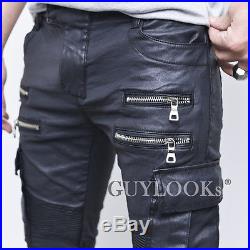 Designer Hom Mens Wax Coat Faux Leather Seaming Skinny Cargo Biker Pants Guylook