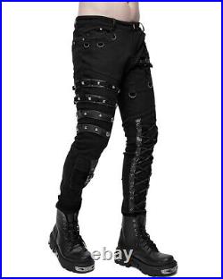 Devil Fashion Mens Punk Gothic Pants Jeans Black Dieselpunk Faux Leather Straps