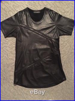 En Noir Men'a Black Leather Pin Tuck U Neck Shirt Size Large