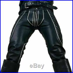 Extreme Leather 100% Sheep Leather Mens Trousers Black with White Piping Pant