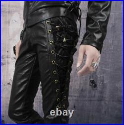 Fashion Autumn&Winter Men's Skinny Leather Pant Black Trouser With Strings Lace
