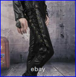 Fashion Autumn&Winter Men's Skinny Leather Pant Black Trouser With Strings Lace