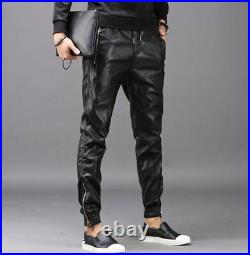Fashion Elastic Waist Leather Pants Men's Leather Joggers Zipper Pockets Black