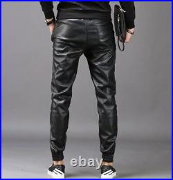 Fashion Elastic Waist Leather Pants Men's Leather Joggers Zipper Pockets Black