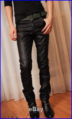 Fashion Men's Casual Slim Fit Skinny Faux Leather Jeans Trousers Pencil Pants