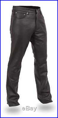 First MFG Men's 5 pocket Motorcycle Modern Fit Black Leather Pants FIM833CFD