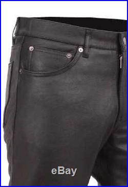 First MFG Men's 5 pocket Motorcycle Modern Fit Black Leather Pants FIM833CFD