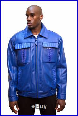 G-Gator Men's Royal Blue Leather Jacket & Denim Pants Alligator Trim Set 2XL