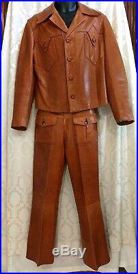 GOYA DE ESPANA vintage brown Leather suit pants Jacket Men's Small Size 40