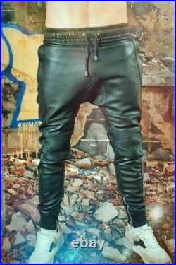 Genuine Black Leather Jogger Pants With Pleated Knees & Drawstring Waist For Men