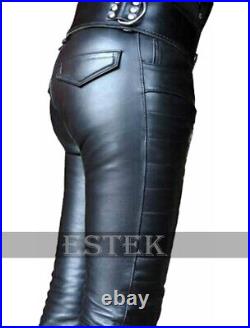 Genuine Cowhide Black Leather Quilted Pants Real Leather Biker Trousers For Men