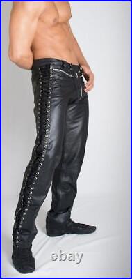 Genuine Lace Up Track Biker Stylish Black Designer Lambskin Leather Pants Men