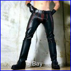 Genuine Leather BIKER PANT Saddle BLACK Red Pants Trouser jeans Mens Gay