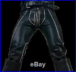 Genuine Leather BIKER SADDLE PANT BLACK White Breeches Pants Trouser jeans Mens
