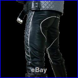 Genuine Leather BIKER SADDLE PANT BLACK White Breeches Pants Trouser jeans Mens