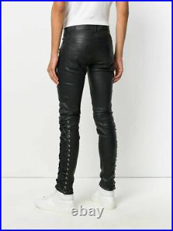 Genuine Leather Biker Pants Lace up leather pants mens leather pants Zipper Styl