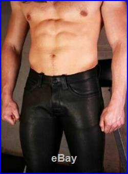 Genuine Leather Men's Pants Cow Skin Motorcycle Black Genuine Jeans Trousers