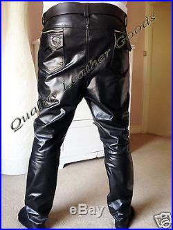 Genuine Leather Mens Bieber Style Long Front Rise Replica Pants Jeans Trousers