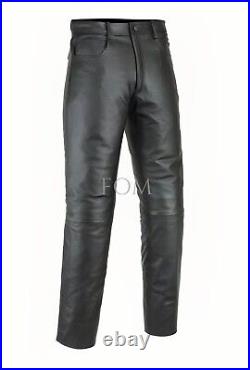 Genuine Leather Pant Biker Jeans Style Casual Classic Pants Men's Black Trousers