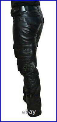 Genuine Leather Pant Mens Cargo Quilted Pants Real Black Leather Trousers