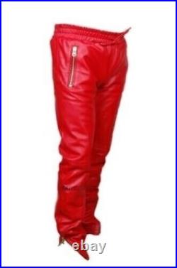 Genuine Men's Stylish Red Sheepskin Slim Fit Casual Handmade Wear Leather Pant
