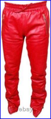 Genuine Men's Stylish Red Sheepskin Slim Fit Casual Handmade Wear Leather Pant