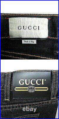 Gucci Embroidery Leather Patch Button Fly Straight Denim Pants Black 38 in Size