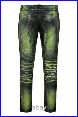 HIPSTER Men's Leather Pants Green Waxed Real Leather Vintage Biker Trousers 4669