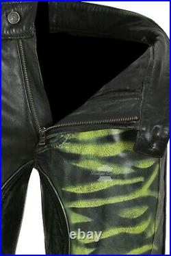 HIPSTER Men's Leather Pants Green Waxed Real Leather Vintage Biker Trousers 4669