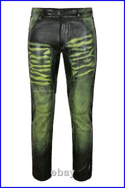 HIPSTER Mens Leather Pants Green Waxed Real Leather Vintage Biker Trousers 4669