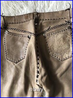 Handmade Top Grade Cowhide Unisex Leather Pants Taupe Sz 29 X 32.5 Button Fly
