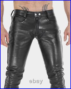 Handmade Two Back Zipper Leather Trouser Pant Look Party Motorcycle Vintage Pant