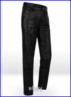 Jim Morrison Cowhide Plain Black Leather Jeans Pants Fashion Trouser
