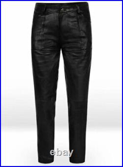 Jim Morrison Cowhide Plain Black Leather Jeans Pants Fashion Trouser
