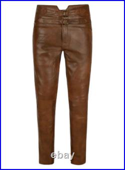 Jim Morrison Cowhide Plain Brown Leather Jeans Pants Fashion Trouser