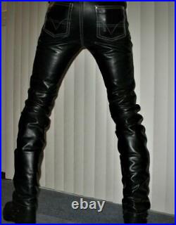 KMAX Men, s Leather Jeans Pants Premium Cow Plain Black Leather White Stitches