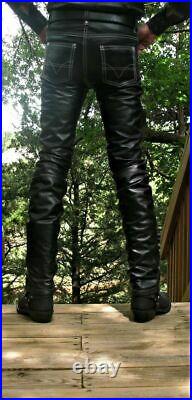 KMAX Men, s Leather Jeans Pants Premium Cow Plain Black Leather White Stitches
