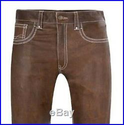 KMAX Men, s Leather Jeans Pants Premium Cow Plain Brown Leather White Stitches