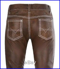 KMAX Men, s Leather Jeans Pants Premium Cow Plain Brown Leather White Stitches