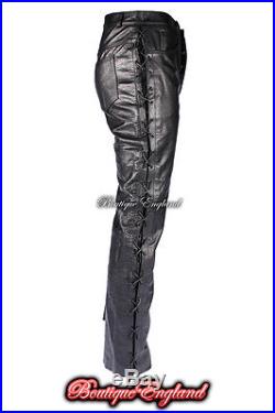 LACED 501 Men's Black Real Genuine Hide Leather Motorcycle Biker Jeans Trouser