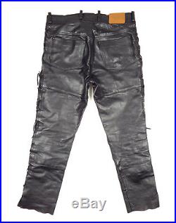LOUIS Leather Motorcycle Pants Laced BikerTrousers Mens 34 x 32 Black Vintage