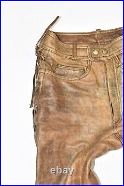 Lace Up Men's Real Leather Biker Motorcycle Brown Pants Trousers Size W28 L30
