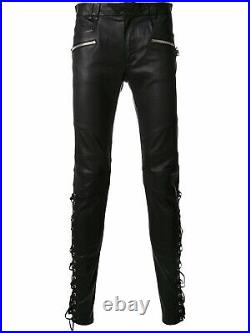 Laced Detailed Men Leather Pants Moto Style Men Leather Pants Slim Leather Pant