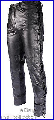 Laced Men's Black Real Genuine Hide Real Leather Motorcycle Biker Jeans Trousers